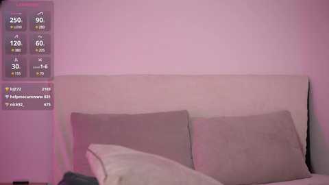 Media: A video of a minimalist bedroom with a beige headboard, two beige pillows, and a pinkish ambient light. A digital overlay displays weather and temperature data.