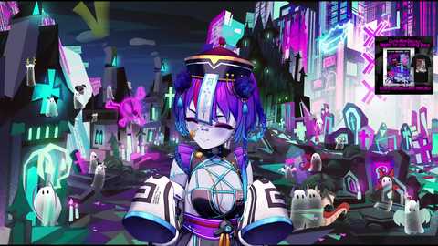 Media: A vibrant, anime-style CGI image featuring a purple-haired, large-breasted character in a futuristic, neon-lit cityscape. The scene is populated with glowing, neon signs and fantastical, cyberpunk-themed buildings.