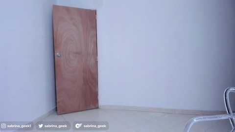 Media: Video of a beige wooden door leaning against a white wall, set in a minimalist room with a tiled floor.