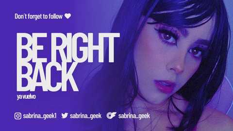 Media: Video of a young woman with dark hair, wearing dramatic makeup, and bold purple text that reads \"BE RIGHT BACK\" on a purple background.