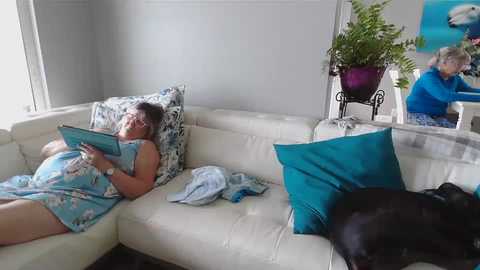 Media: A video of a woman in a blue floral nightgown reading on a white sectional sofa, surrounded by teal and black throw pillows. A black dog sleeps on the floor, and a framed artwork with a woman on a boat hangs on the wall.