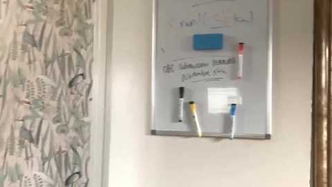 Media: Video of a whiteboard with notes, pens, and a blue post-it note attached to a beige wall. The background shows a floral-patterned wallpaper with green and beige tones.