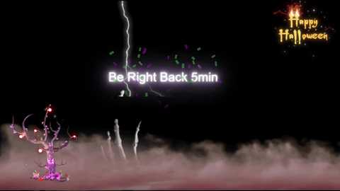 Media: A CGI image featuring a purple, glowing tree with white and red lights against a dark, stormy night sky, with the text \"Be Right Back 5 Min\" and \"Happy Halloween\" in yellow.