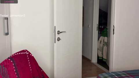 Media: Video of a white door slightly ajar, revealing a hallway with a green and white coat hanging on a hook. The background is a simple, modern bedroom with a red and white striped blanket on the bed.