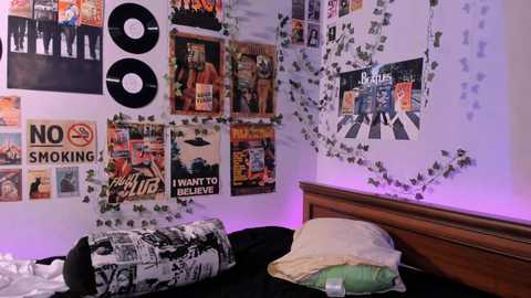 Media: A video of a colorful, music-themed bedroom with vinyl records, posters, and green ivy decor. A bed with black and white bedding, pillows, and a wooden headboard, set against purple-lit walls.