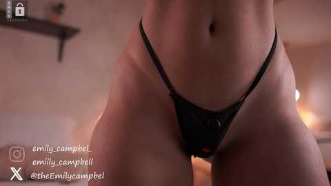 Media: Video of a woman wearing a black thong with a heart-shaped logo, highlighting her toned abdomen and thighs. Background shows a dimly lit room with a bed and shelf.