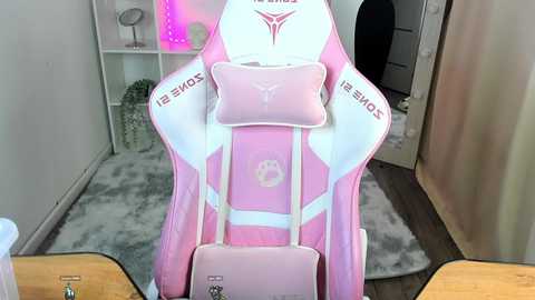 Media: Video of a pink gaming chair with white accents, paw print cushion, and a pink handbag on a gray carpeted floor in a modern, softly lit room with white walls.