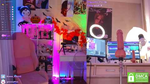 Media: Video of a vibrant, colorful gaming setup with a plush chair, neon lights, a ring light, and a monitor displaying a video feed. Decorated with Halloween and anime-themed posters, a white desk, and a pink headset.