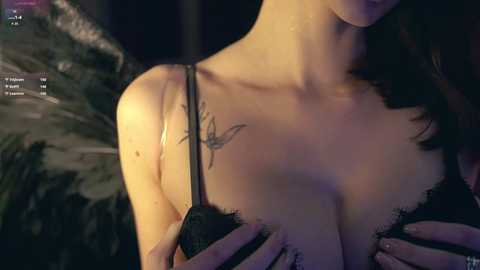 Media: A video of a woman with fair skin and medium breasts, wearing a black lace bra, holding her breasts. She has a tattoo on her right shoulder. Background is blurred, with foliage and dim lighting.