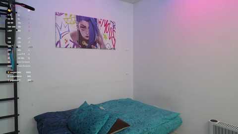 Media: Video of a small, minimalist bedroom with white walls. A teal bed with blue blankets and a pillow lies against the left wall. A colorful, abstract painting hangs above. A black ladder leans against the left wall.