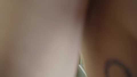 Media: Video of a close-up of a woman's face and neck, featuring a tattoo on her upper chest. The image is slightly blurred, with soft lighting creating a muted, warm color palette.