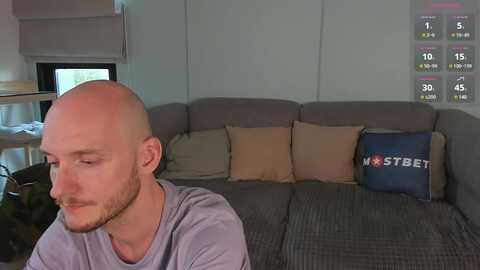 Media: Video of a bald, bearded man in a gray shirt, sitting on a grey couch with beige and blue cushions, in a modern living room with a digital clock displaying 1:30.