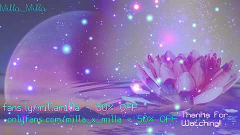 Media: A digital artwork features a serene, ethereal pink lotus flower on a calm, reflective water surface under a dreamy, starry sky. Text overlays promote a fan-funding campaign for \"onlyfans.com/mila-x-mila.\