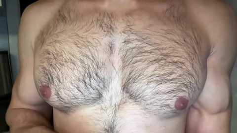 Media: Video of a bare-chested man with a hairy chest, medium build, light skin tone, and small nipples. Background shows a blurry, dark room.