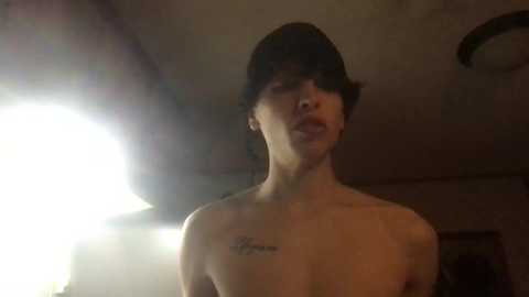 Media: Video of a shirtless young man with short dark hair, slightly smiling, standing indoors in a dimly lit room with a large, bright window to his left.