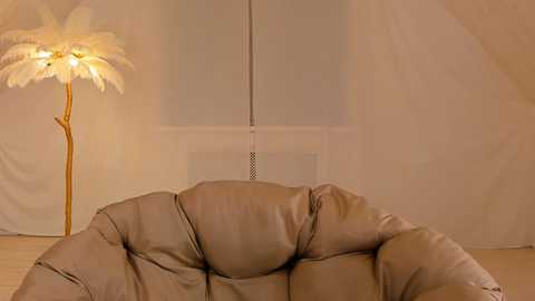 Media: Video of a beige, plush, puffy chair in a cozy, dimly lit room with a tall, white feather lamp and sheer curtains.