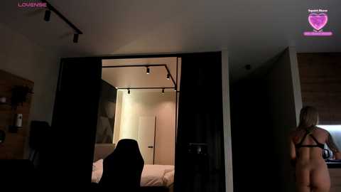 Media: Video of a modern, dimly lit bedroom with a black door and a bed visible through it. A nude woman stands in the doorway, while a man sits at a desk in the background.