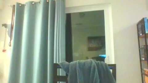 Media: Video of a bedroom with teal curtains partially open, revealing a white-framed mirror. A blue towel hangs over a black metal rack. A white door and a bookshelf with a wooden frame are visible in the background.