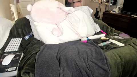 Media: Video of a man sleeping on a bed with a large stuffed animal, a gray blanket, and various personal items scattered around.