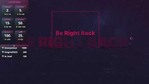 Media: Screenshot from a video game showing a dark, neon-lit room with the phrase \"Be Right Back\" in red, alongside a health bar and various stats in the top left corner.