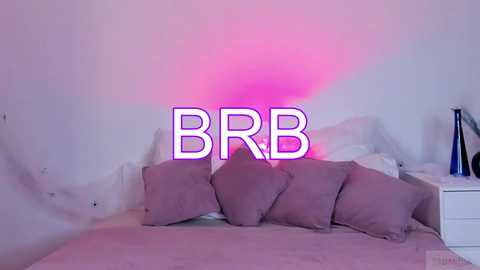 Media: Video of a minimalist bedroom with a bed covered in light pink bedding and pillows. A pink neon sign with \"BBR\" in bold white letters hangs above. The wall is white with a subtle texture, and a white nightstand with a blue vase sits to the right.