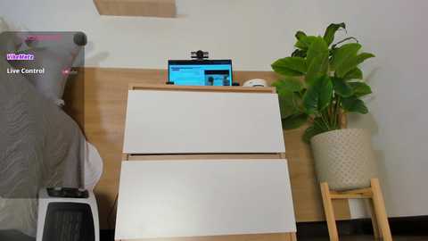 Media: Video of a modern home office setup: wooden desk with two white drawers, laptop on top, green plant in a woven basket, and a treadmill partially visible on the left.