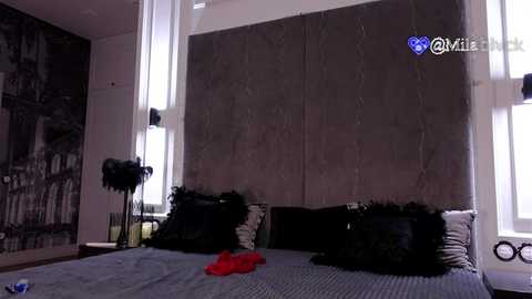 Media: Video of a modern, minimalist bedroom with a large, dark, textured headboard, white walls, and a black-and-white cityscape mural. The bed features a grey blanket, black pillows, and a red shirt on the floor.