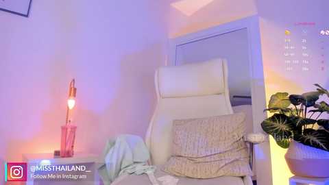 Media: Video of a serene, well-lit living room featuring a white leather recliner, a potted plant, a lamp, and a calendar on the wall, bathed in soft purple and blue hues.