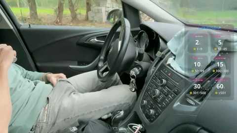 Media: Video of a person sitting in a car, wearing a green shirt and grey jeans, legs crossed, steering wheel in hand, with a digital speedometer overlay showing 30 mph.