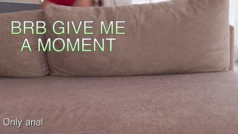 Media: Video of a beige couch with a woman's blurred torso and head in the background. Text overlays the image with the words \"BBB Give me a moment\" in green and \"Only anal\" in black.