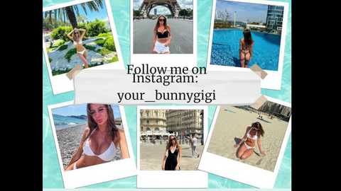 Media: Video collage of six bikini-clad women on Insta, with a text overlay: \"Follow me on Instagram: your.bunnigi.\" Backgrounds include beaches, pools, and tropical settings.