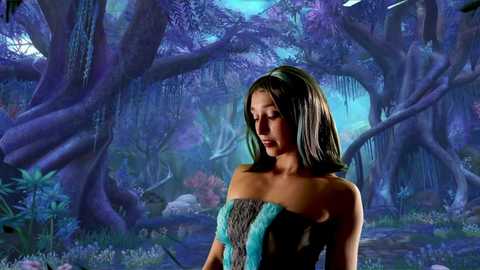 Media: Video of a young woman with shoulder-length brown hair in a teal, strapless, textured dress, standing in a mystical, blue-lit forest with large, twisting trees and lush vegetation.