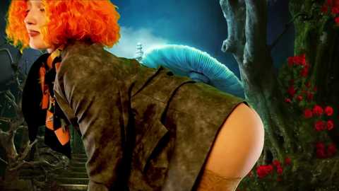 Media: Video of a woman with curly red hair, wearing a green jacket, bending over, exposing her bare buttocks, surrounded by dark, gloomy scenery with red flowers.