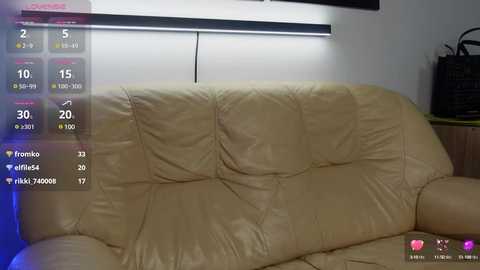 Media: A video of a beige leather couch in a modern living room, with a white wall and window blinds in the background.