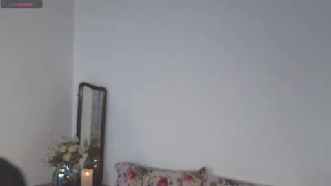 Media: Video of a minimalist room with a plain white wall, a black-framed mirror, a floral cushion, and a vase with flowers on a dark surface, creating a cozy, somewhat dimly lit ambiance.