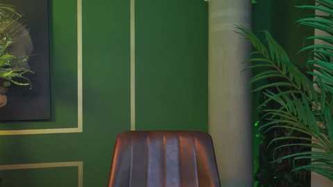 Media: Video of a modern interior featuring a rich green wall with white trim, a large potted plant, and a brown leather chair.