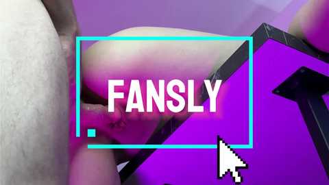 Media: Video of a close-up view of a person's bare buttocks, with \"FANSLY\" text overlaid in bold white letters on a cyan rectangle. Background features purple lighting and a black, metallic object.