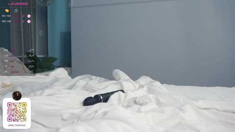 Media: Video of a messy bed with white sheets and a black dildo partially covered by the sheets, taken from an overhead angle. The room has a blue and white theme.