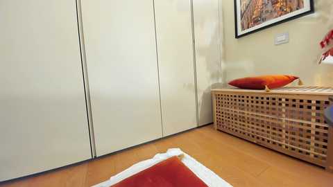 Media: A video of a modern, minimalist bedroom with beige sliding wardrobe doors, a wooden lattice bench, a red pillow, and a framed artwork on a beige wall.