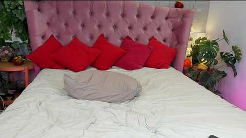 Media: Video of a plush, pink tufted headboard bed with white linens, a beige pillow, and red and pink throw pillows. Green plants and a lamp adorn the background, creating a cozy, feminine bedroom atmosphere.