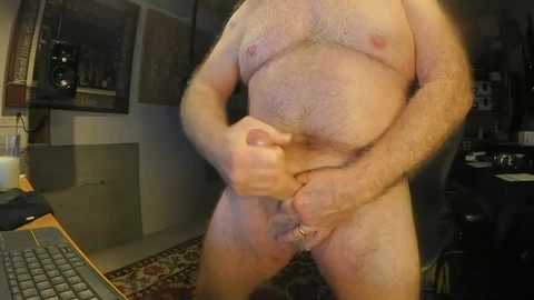 Media: Video of a nude, middle-aged, fair-skinned man with a belly, holding his erect penis in a dimly lit room. Background includes a desk, computer, and a framed mirror.