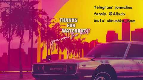 Media: A vibrant digital illustration featuring a silhouette of a classic car against a sunset cityscape, with a bold text message thanking followers for their support.