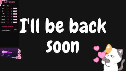 Media: A digital drawing with a black background featuring a playful, cartoonish cat holding a heart and the text \"I'll be back soon.\" Left side has a smaller cat image and text.