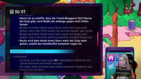 Media: A colorful screenshot of a virtual reality travel app showing a hotel's info in German, set against a vibrant, cartoonish background. The bottom right displays a user's VR headset.