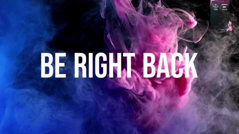 Media: Video of a dramatic digital composition with swirling, ethereal smoke in shades of purple and blue, overlaid with bold white text reading \"BE RIGHT BACK.\