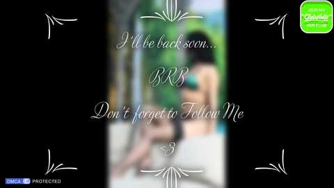 Media: Video of a woman with dark hair, wearing a green bikini, sitting on a chair with a blurred background. Text overlay reads, \"I'm back soon... Don't forget to follow me.\