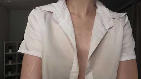 Media: Video of a woman's upper torso, wearing a wet, white, short-sleeved shirt that clings to her skin, revealing her cleavage. Background includes a dark room with a white shelf holding a few items.