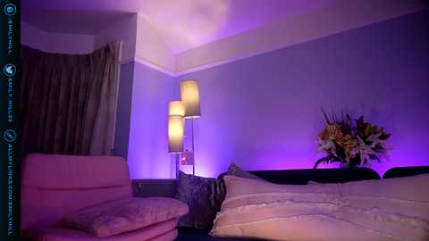 Media: Video of a cozy, dimly-lit bedroom with soft purple lighting, featuring a plush pink sofa, a large bed with white bedding, and a stylish floor lamp.