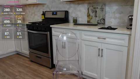 Media: Video of a modern kitchen with white cabinets, stainless steel oven, clear acrylic chair, and patterned backsplash, displaying energy usage data overlay.