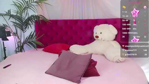 Media: A video of a plush white teddy bear on a bed with pink bedding and red pillows, surrounded by social media icons and a digital camera.